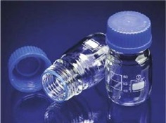 Fisherbrand graduated borosilicate glass media bottles, with blue polypropylene 