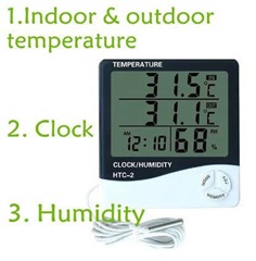 HY03-เครื่องวัดอุณหภูมิ ภายใน ภายนอก เครื่องวัดความชื้น และนาฬิกา HTC2