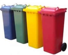 ถังขยะพลาสติก มีล้อ2ล้อ 240 ลิตรฝาเรียบ .590x715x1,075 มม. เขียว เหลือง แดง น้ำเงิน เกรด HDPE