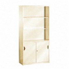 Sliding steel door & open shelving cabinet with 3 shelves 900w x 400d x 1950h mm.