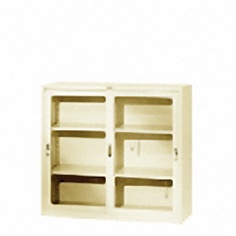 sliding glass door cabinet with 2 shelves 1200w x 450d x 1100h mm.