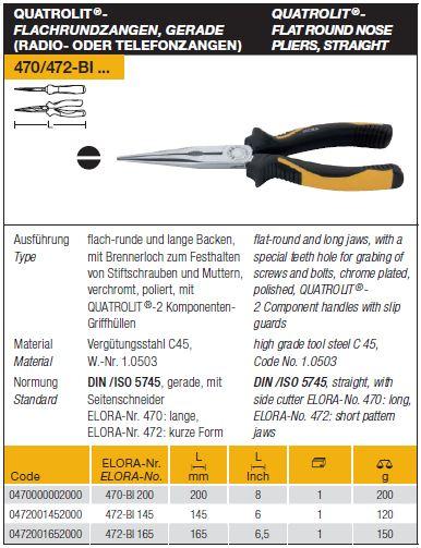 QUATROLIT - Flat Round Nose Pliers, Straight,QUATROLIT - Flat Round Nose Pliers, Stra, ELORA,  ,ELORA,Tool and Tooling/Machine Tools/General Machine Tools