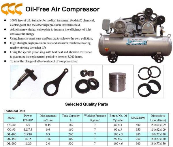 Oil-free air compressor with power 7.5Hp,เครื่องอัดลมแบบลูกสูบ,JAGUAR,Machinery and Process Equipment/Compressors/Air Compressor
