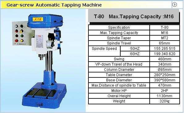 T-80 Gear-Screw Automatic Tapping Machine T-80,Gear-Screw Automatic Tapping Machine T-80,KTK,Metals and Metal Products/Lead