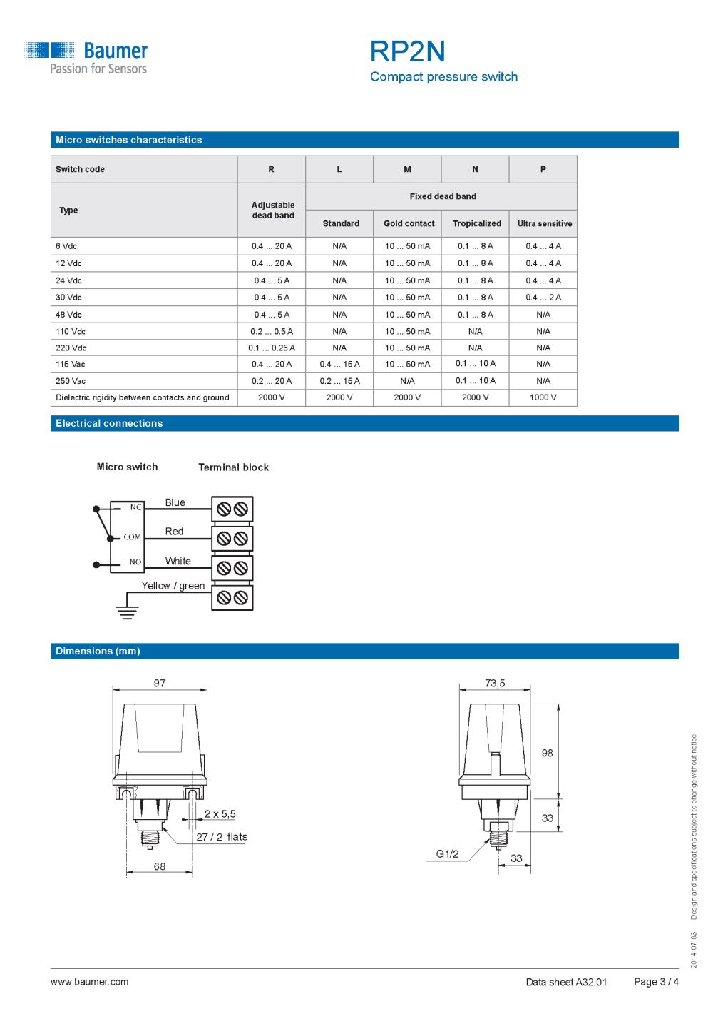 BAUMER Mechanical pressure switches :RP2N