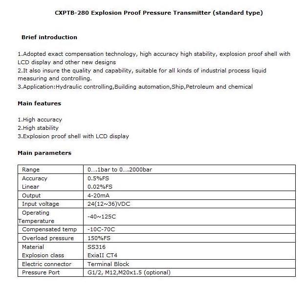 Explosion proof pressure transmitter (standard type)