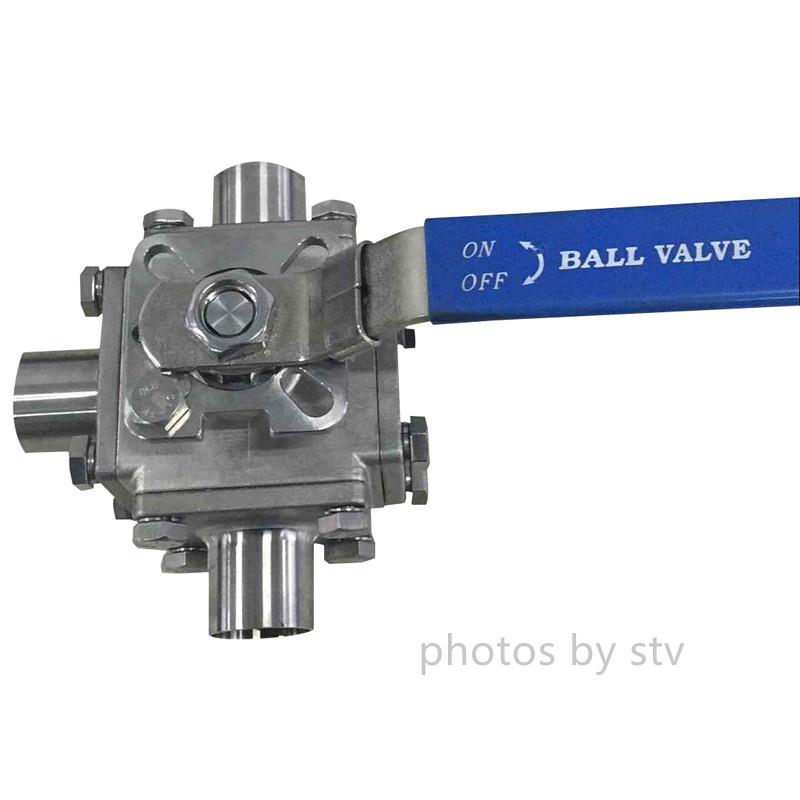 Sanitary 3 Way T Type Ball Valve, Total 304, PTFE Cavity Filled Seat,Butt weld End
