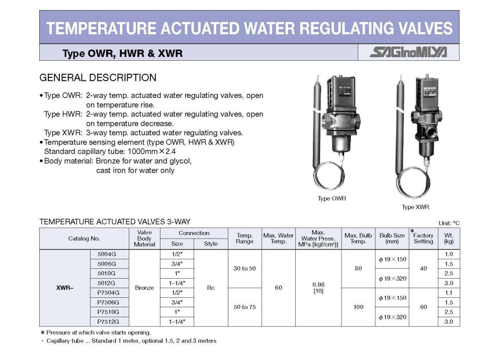 SAGINOMIYA Temperature Actuated Water Regulating Valve XWR Series,XWR-5004G, XWR-5006G, XWR-5010G, XWR-5012G, XWR-P7504G, XWR-P7506G, XWR-P7510G, XWR-P7512G, SAGINOMIYA, Regulting Valve, Water Regulating Valve, SAGINOMIYA Regulting Valve, SAGINOMIYA Water Regulating Valve,SAGINOMIYA,Pumps, Valves and Accessories/Valves/Control Valves