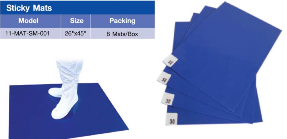แผ่นกาวดักฝุ่น สีน้ำเงินและสีขาว Sticky Mat, Color Blue and White. ดักจับฝุ่นก่อนเข้าห้องคลีนรูม หรือ ก่อนเข้า ห้องปฏิบัติการ Size 26"x45", 30 sheet/mat,  10 mat /Box