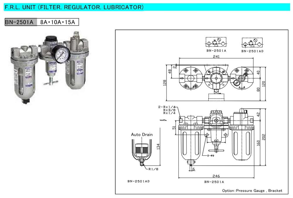 NISCON Filter, Regulator, Lubricator (F.R.L.) Unit BN-2501A Series,BN-2501A-8A, BN-2501A-10A, BN-2501A-15A, BN-2501AD-8A, BN-2501AD-10A, BN-2501A-15A, NISCON, NIHON SEIKI, Filter, Regulator, Lubricator, F.R.L. Unit ,NISCON,Instruments and Controls/Instruments and Instrumentation