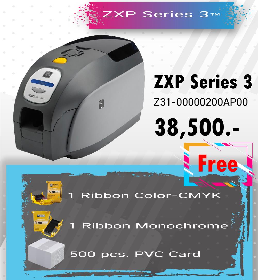 ZXP3 เครื่องพิมพ์บัตร Zebra Dye-sublimation thermal transfer direct to card • Full color or monochrome printing • Single- or dual-sided printing • 700 cph monochrome single-sided • 195 cph single-sided YMCKO • 140 cph dual-sided YMCKOK • Edge-to-edge printing on standard CR-80 media,#ชุดโปรโมชั่น เครื่องพิมพ์บัตร ZXP3 ยี่ห้อ Zebra -เครื่องพิมพ์บัตรรุ่น ZXP3 Single print ราคาพิเศษสุดๆ #อุปกรณ์ในชุดประกอบไปด้วยดังต่อไปนี้ -ริบบอนสี 1 ม้วน พิมพ์บัตรได้ 200 แผ่น -ริบบอนสีดำ 1 ม้วน พิมพ์บัตรได้ 2000 แผ่น -บัตร พีวีซี จำนวน 500 ใบ  Used For: Mid-Volume Applications Branch Office Card Printing Personal ID & Access Control Cards Retail & Membership Cards Instant Issuance  ZXP Series 3 Card Printer Printing Specifications • Dye-sublimation thermal transfer direct to card • Full color or monochrome printing • Single- or dual-sided printing • 700 cph monochrome single-sided • 195 cph single-sided YMCKO • 140 cph dual-sided YMCKOK • Edge-to-edge printing on standard CR-80 media  Standard Features • True Colours? ix Series? ZXP 3 high-performance ribbons with intelligent media technology • High capacity, eco-friendly Load-N-Go? drop-in ribbon cartridges • ZRaster? host-based image processing • Auto calibration of ribbon • USB connectivity • Microsoft? Certified Windows? driver,Zebra,Plant and Facility Equipment/Office Equipment and Supplies/Printer