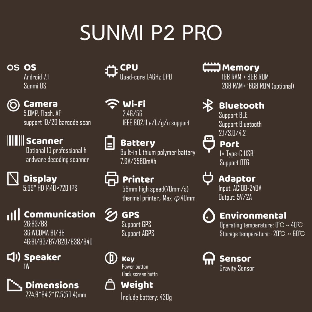 P2 PRO POS รองรับการชำระเงิน onmi-channel รวมถึงบัตรแถบแม่เหล็ก, บัตร IC, NFC, การชำระเงินรหัส QR *เครื่องพิมพ์ Seiko *กล้อง 5.0MP *4G เต็ม Netcom *ผ่านการทดสอบ Drop 1M