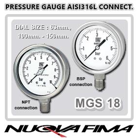 Bourdon Pressure Gauge MGS18 (AISI 316L),Bourdon pressure gaue, Stainless steel connection, AISI316L, Gauge, Pressure gauge,Nuova Fima,Instruments and Controls/Indicators