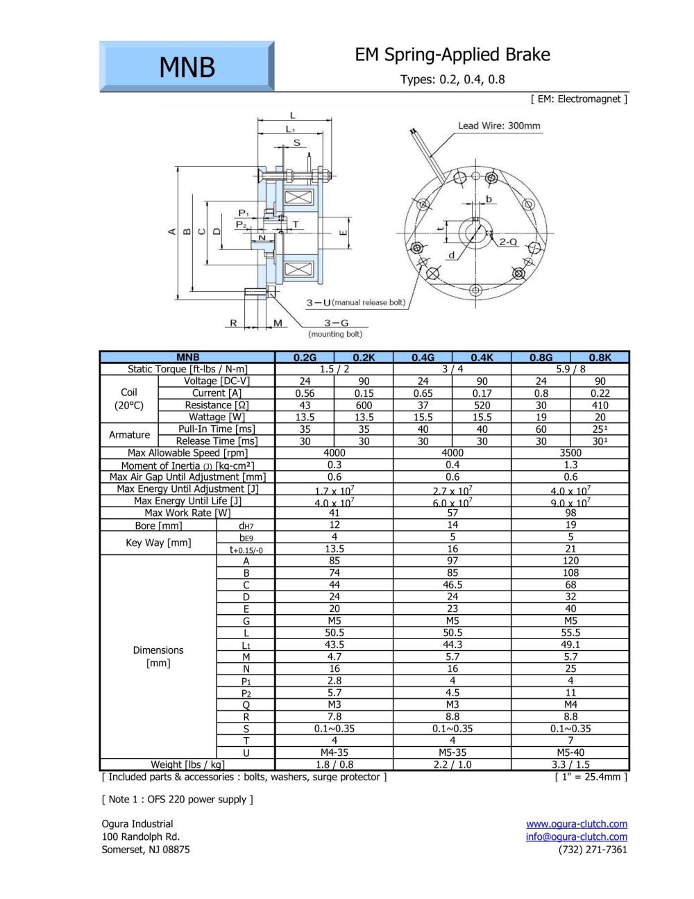 OGURA Electromagnetic Spring Applied Brake MNB 0.2G-N, 0.4G-N, 0.8G-N Series