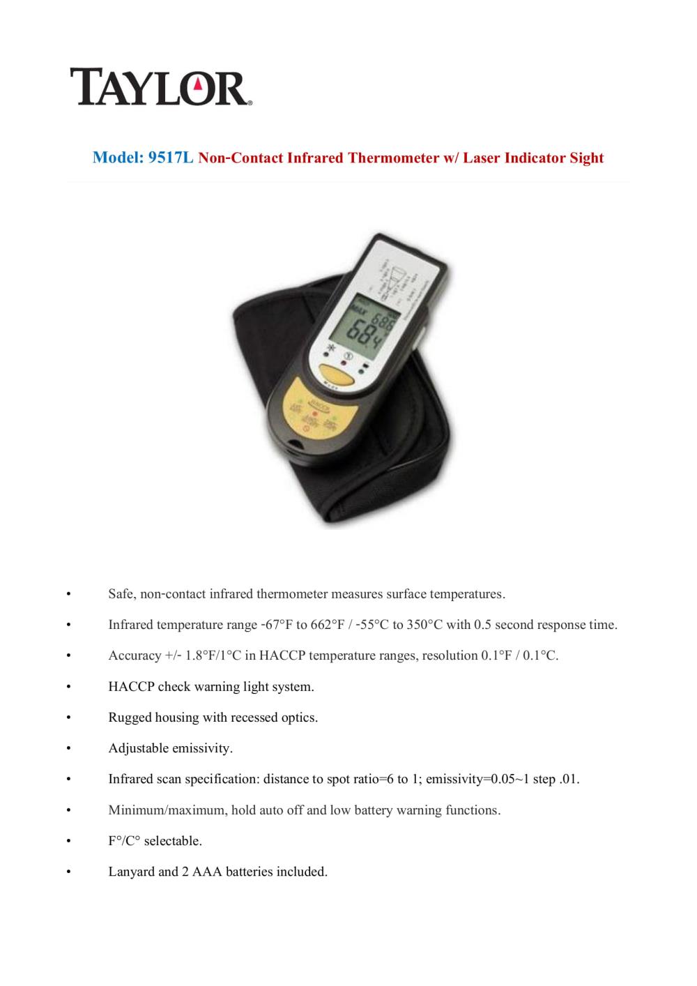 Taylor Non Contact Infrared Thermometer Laser Model 9517L
