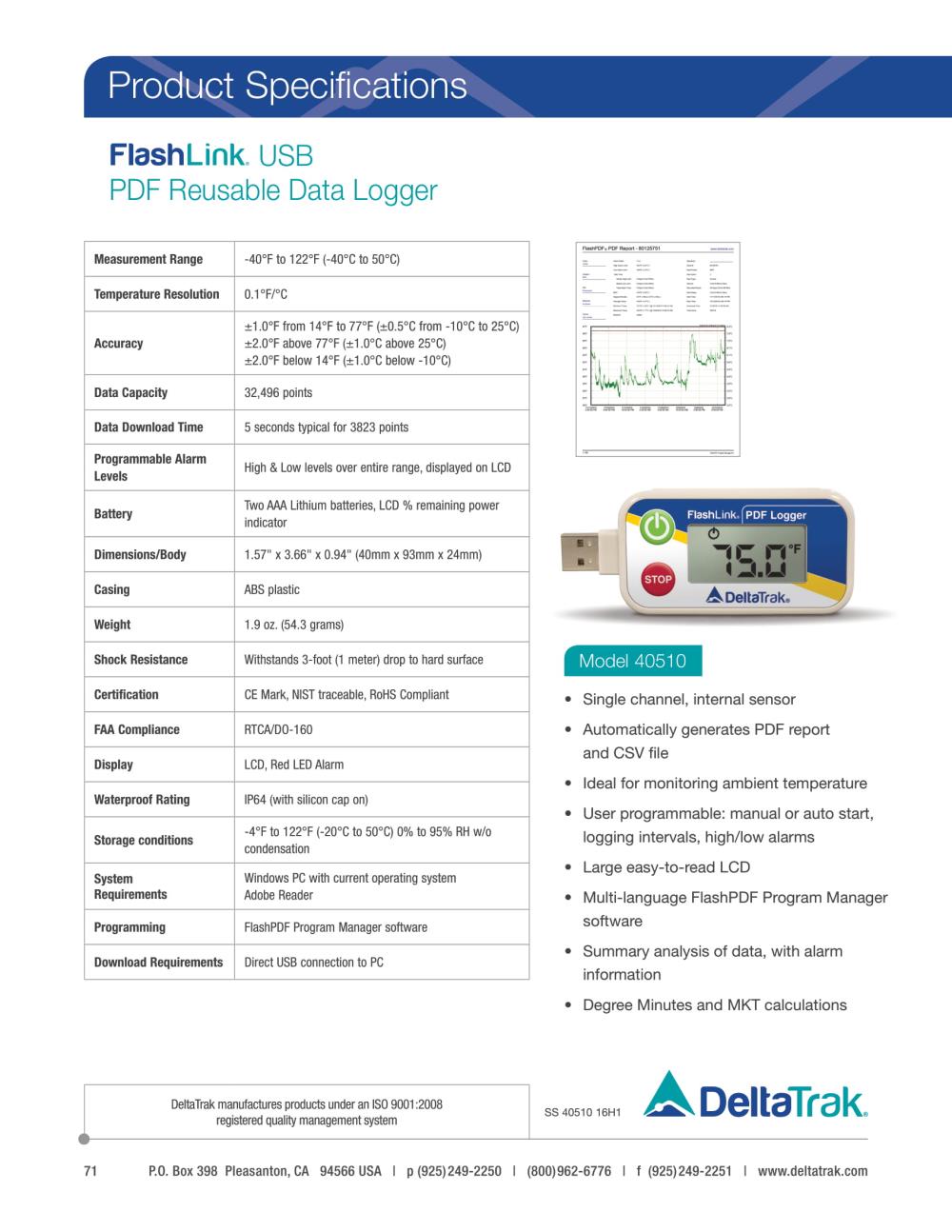 Delta Trak FlashLink USB PDF Data Logger บันทึกอุณหภูมิ Model 40510