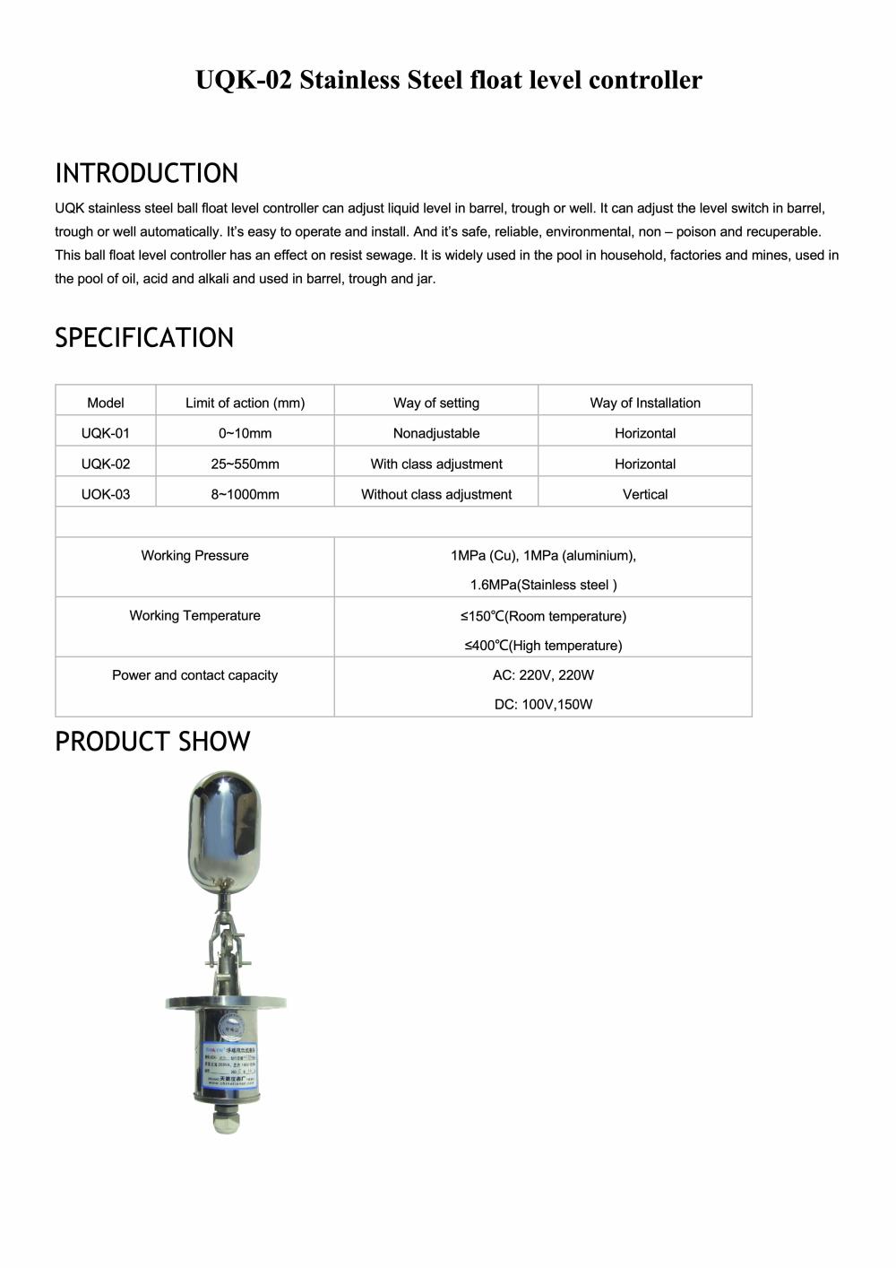 Stainless Steel float level controller
