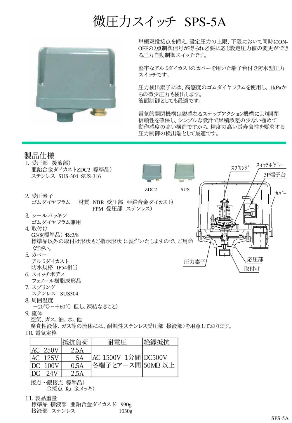 SANWA DENKI Pressure Switch SPS-5A, SUS Series
