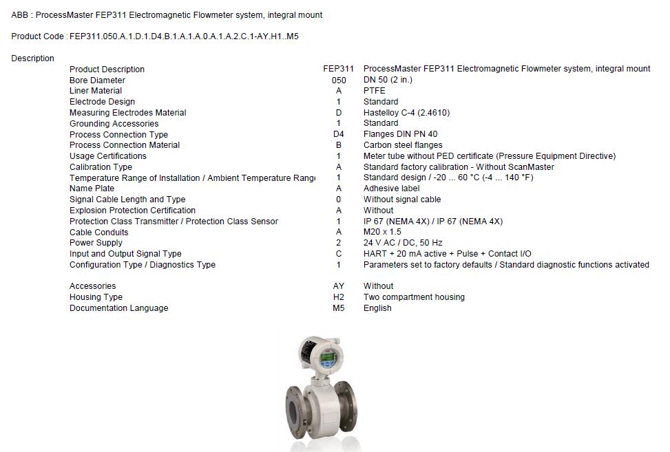 ABB FEP311 Electromagnetic Flowmeter system, integral mount Model FEP311.050.AD22