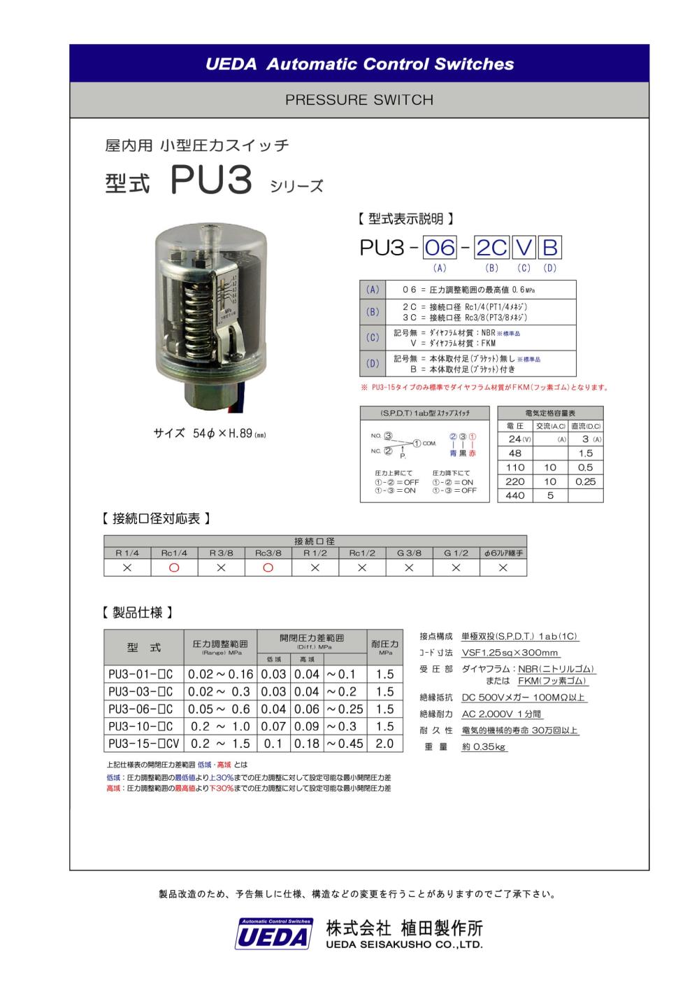 UEDA Pressure Switch PU3 Series,PU3 Series, PU3-01, PU3-03, PU3-06, PU3-10, PU3-15, UEDA, UEDA SEISAKUSHO, Pressure Switch, Pressure Control ,UEDA,Instruments and Controls/Instruments and Instrumentation
