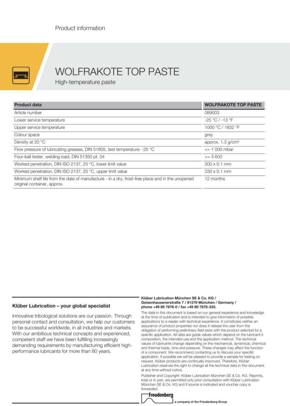 Klueber Wolfrakote Top Assembly Paste, for Industrial Valves and Fittings, Packaging Type: Can