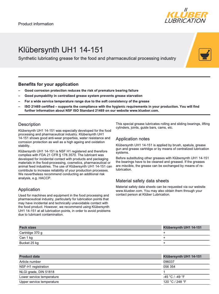 Klubersynth UH1 14-151 Synthetic lubricating grease for the food and pharmaceutical processing industry ( 1 kg./ CAN )