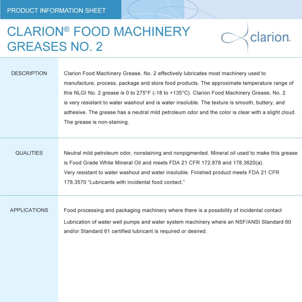 จาระบี Clarion Food Machinery Grease No. 2 [ผลิตภัณฑ์ฟู้ดเกรด Food Grade]