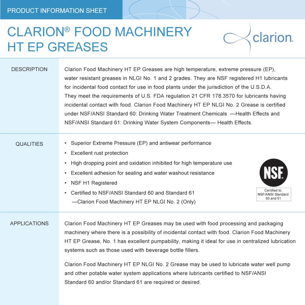 จาระบี Clarion Food Machinery HT EP Grease No.2 [ผลิตภัณฑ์ฟู้ดเกรด Food Grade]