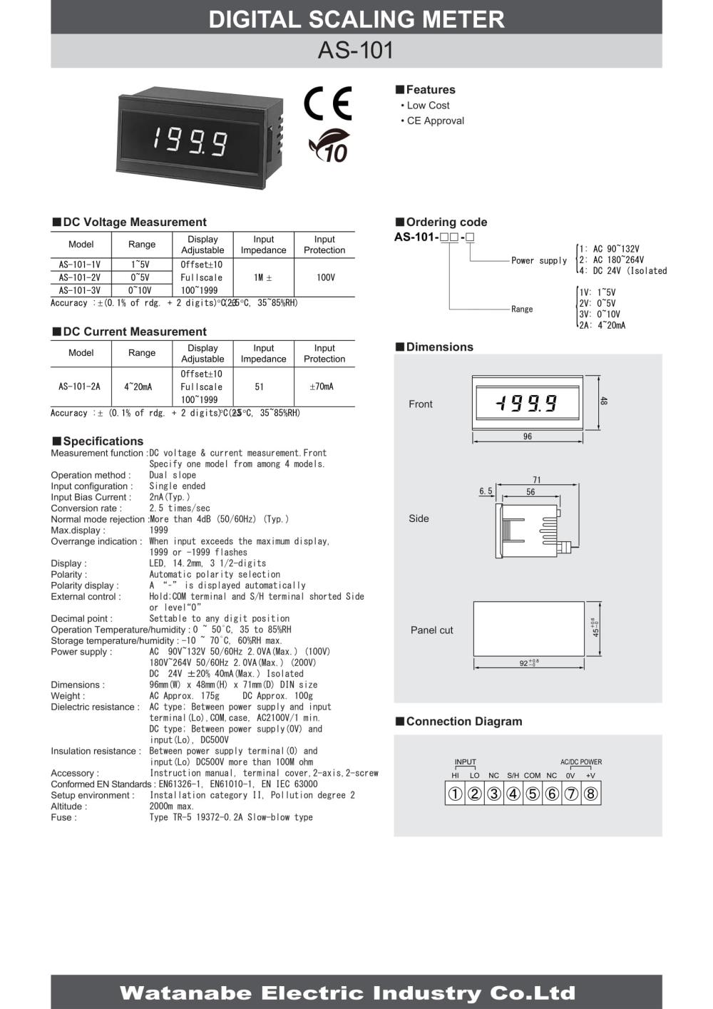 WATANABE Digital Scaling Meter AS-101 Series,AS-101-1V-1, AS-101-1V-2, AS-101-1V-4, AS-101-2V-1, AS-101-2V-2, AS-101-2V-4, AS-101-3V-1, AS-101-3V-2, AS-101-3V-4, AS-101-2A-1, AS-101-2A-2, AS-101-2A-4, WATANABE, ASAHI KEIKI, Digital Scaling Meter,WATANABE,Instruments and Controls/Meters