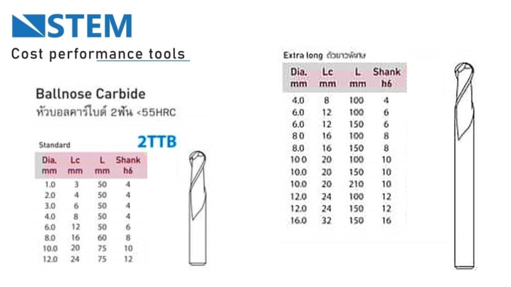 ิBallnose carbide 2 ฟัน บอลโนสคาร์ไบ กัดเหล็กเเข็งสูงสุด 55 HRC,endmill,carbide,endmill carbide, ดอกกัด,end mill,STEM,Tool and Tooling/Cutting Tools