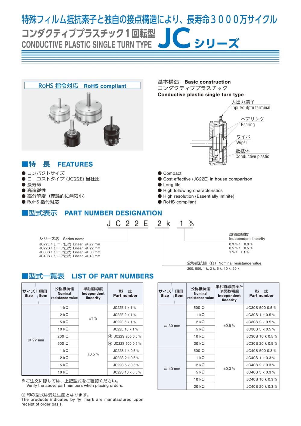 NIDEC Potentiometer JC40S Series,JC40S 500 0.3%, JC40S 1K 0.3%, JC40S 2K 0.3%, JC40S 5K 0.3%, JC40S 10K 0.3%, JC40S 20K 0.3%, NIDEC Potentiometer,NIDEC,Instruments and Controls/Potentiometers