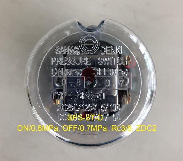 SANWA Pressure Switch SPS-8T-D, ON/0.8MPa, OFF/0.7MPa, Rc3/8, ZDC2