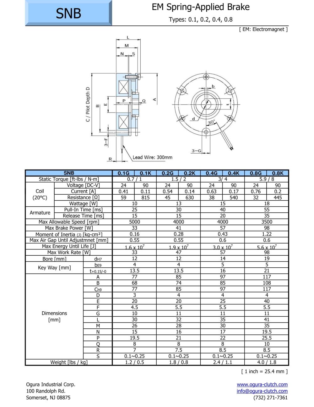 OGURA Electromagnetic Spring-Applied Brake SNB 0.1G, 0.2G, 0.4G, 0.8G Series
