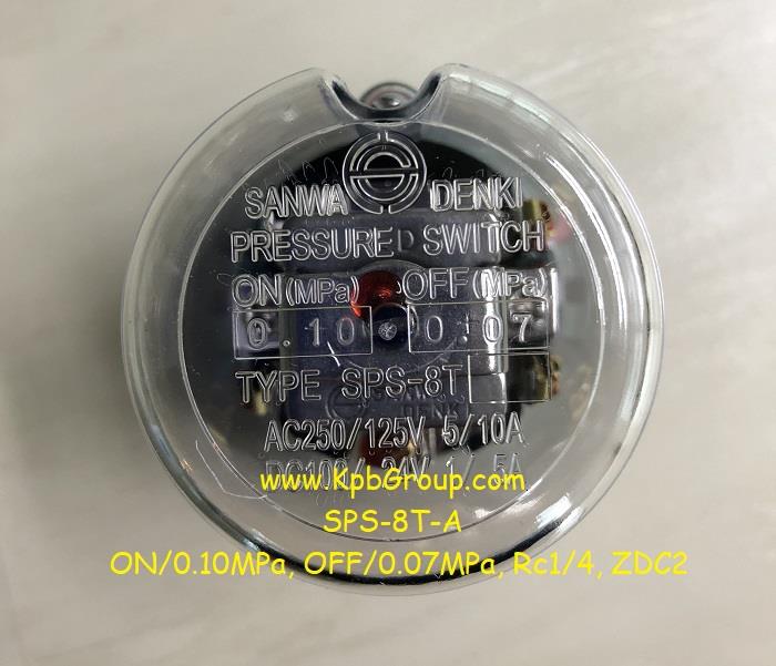 SANWA DENKI Pressure Switch SPS-8T-A, ON/0.10MPa, OFF/0.07MPa, Rc1/4, ZDC2