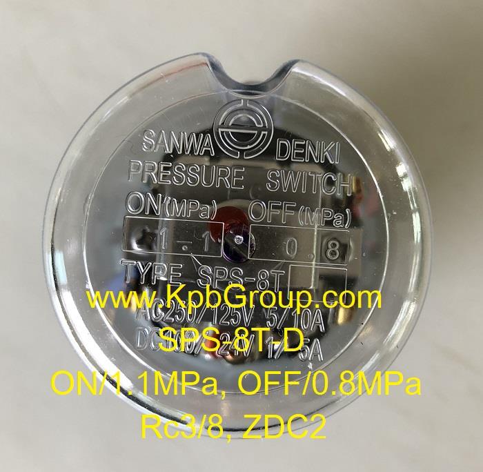 SANWA DENKI Pressure Switch SPS-8T-D, ON/1.1MPa, OFF/0.8MPa, Rc3/8, ZDC2
