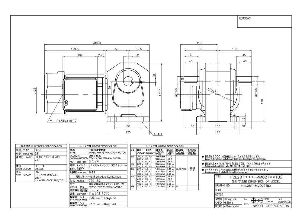NISSEI Geared Motor H2L28T80-MM02TxxTB2 Series,H2L28T80-MM02TNNTB2, H2L28T80-MM02TKNTB2, H2L28T80-MM02TCNTB2, H2L28T80-MM02TANTB2, H2L28T80-MM02TMATB2, NISSEI, Geared Motor,NISSEI,Machinery and Process Equipment/Gears/Gearmotors