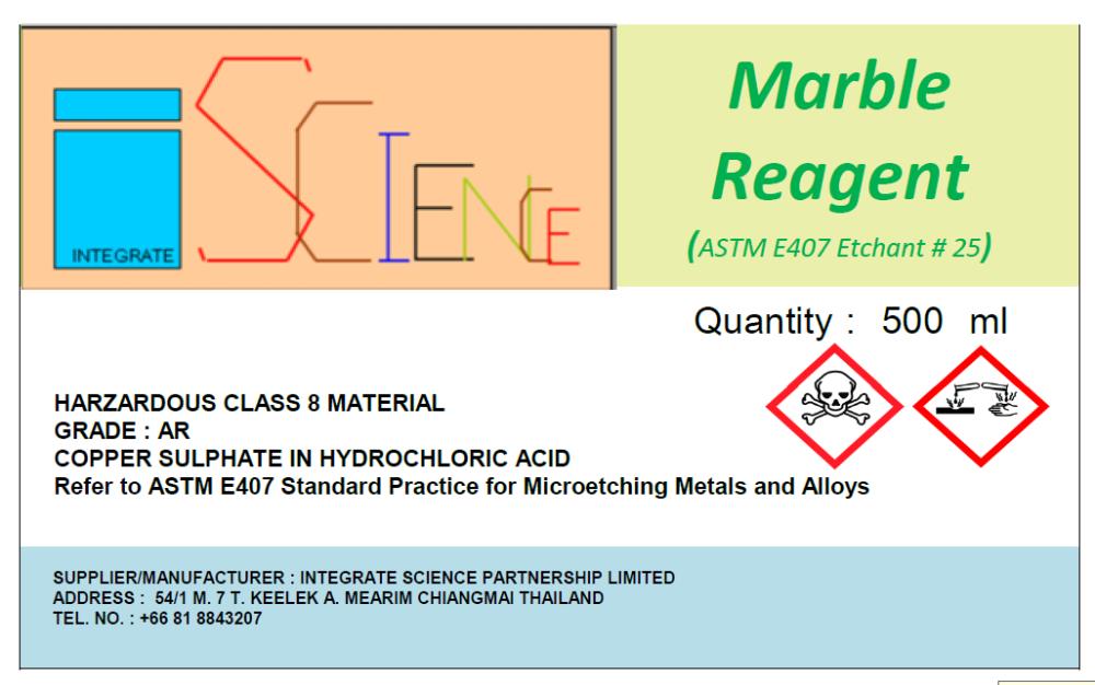 Marble Reagent,MARBLE RAGENT, น้ำยา มาร์เบิ้ล ,น้ำยากัดตรวจสอบสภาพผิวสเตนเลส,น้ำยากัด ASTM E-407, จำหน่าย marble reagent,อินทิเกรทซายน์,Chemicals/Reagents