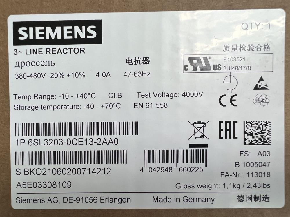 Siemens 6SL3203-0CE13-2AA0 SINAMICS reactor