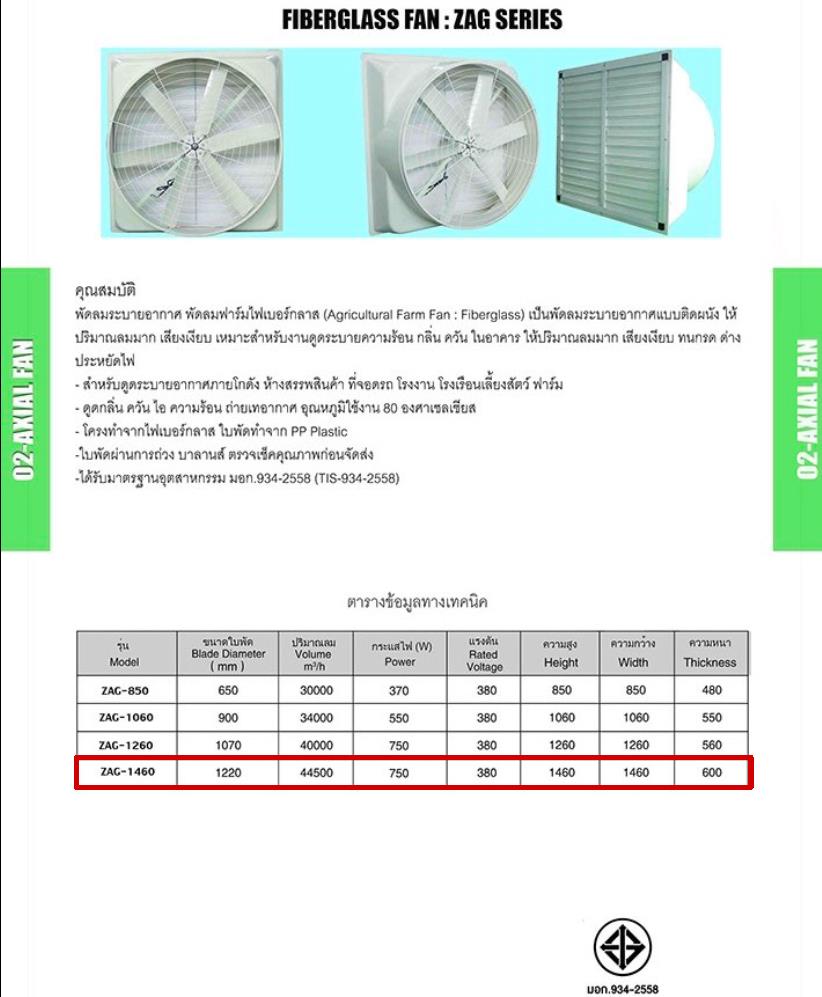 พัดลมระบายอากาศ พัดลมฟาร์มไฟเบอร์กลาส (Agricultural Farm Fan : Fiber Glass)