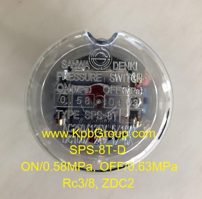 SANWA DENKI Pressure Switch SPS-8T-D, ON/0.58MPa, OFF/0.63MPa, Rc3/8, ZDC2
