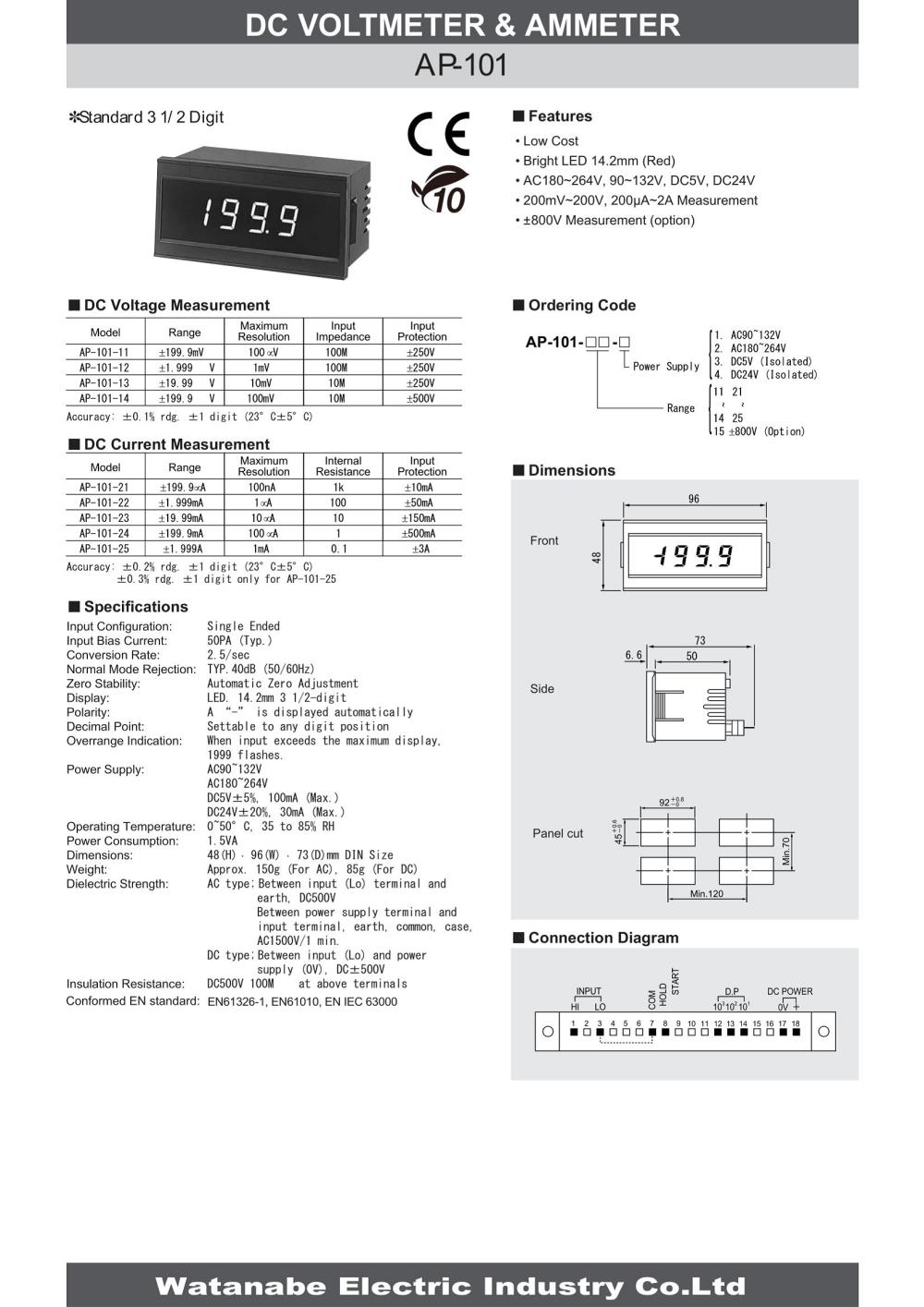 WATANABE Digital Panel Meter AP-101-14 Series
