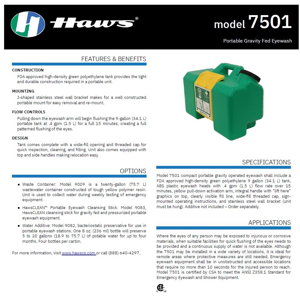 อ่างล้างตาเคลื่อนที่ (Portable Emergency Eyewash), Haws 7501 (9 Gallons), Brand: Haws (USA)