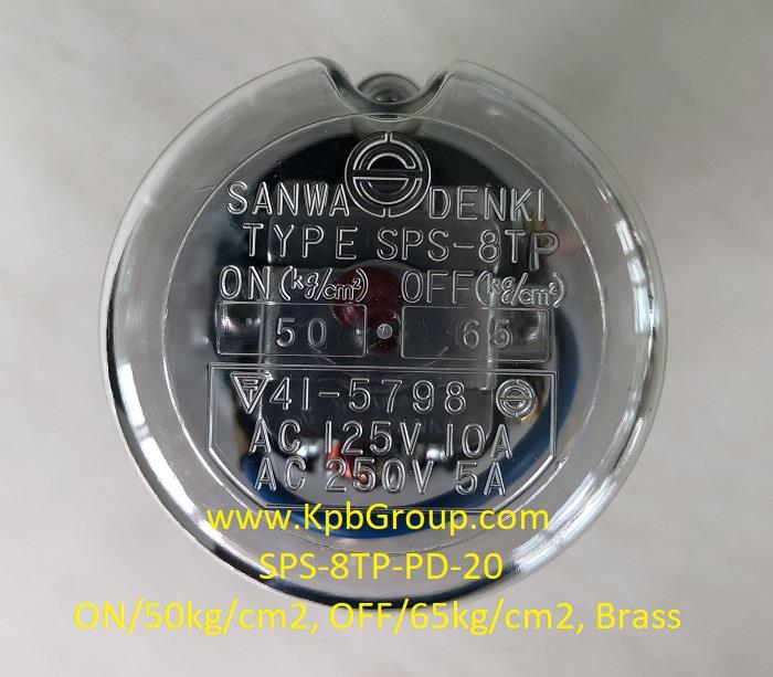 SANWA DENKI Pressure Switch SPS-8TP-PD-20, ON/50KG/CM2, OFF/65KG/CM2, Brass