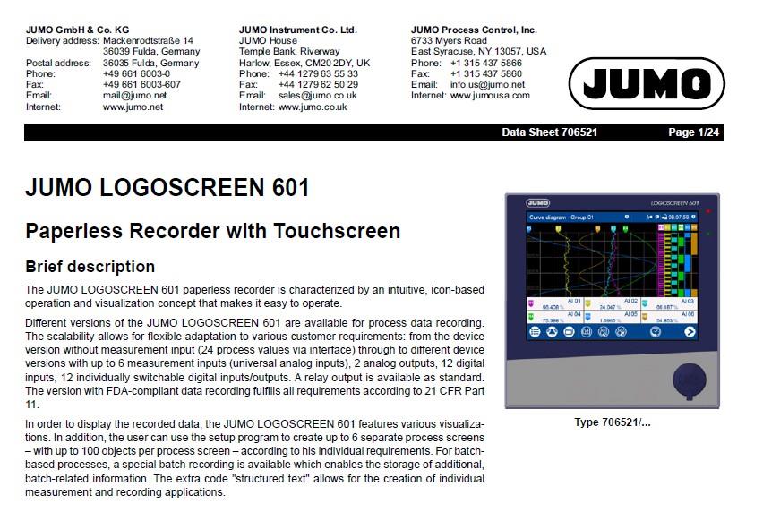 JUMO Logoscreen 601 / Paperless Recorder with Touchscreen (ขายส่งจำนวนมาก)