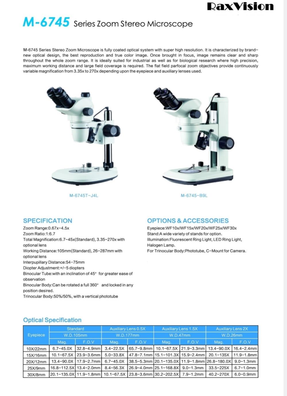  Series Zoom Stereo Microscope Raxvision M-6746T-B9L