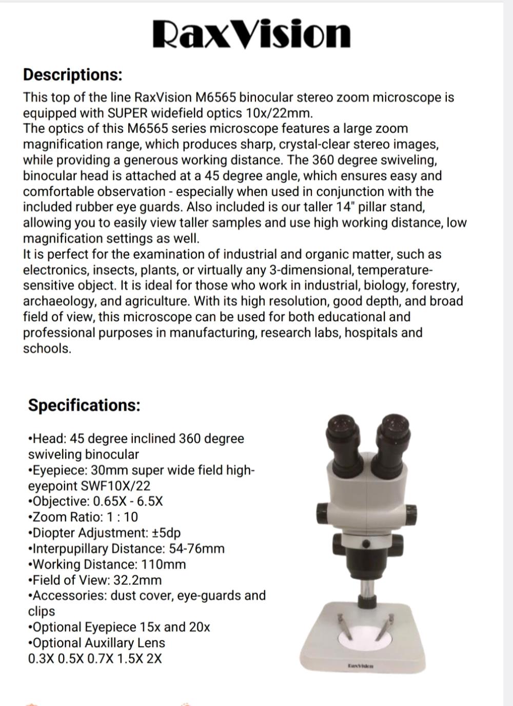 Stereo Binocular Microscope Raxvision M-6565