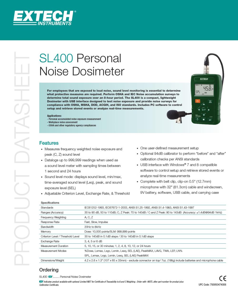 เครื่องวัดความดังเสียง (Personal Noise Dosimeter), Brand: Extech, Model: SL400