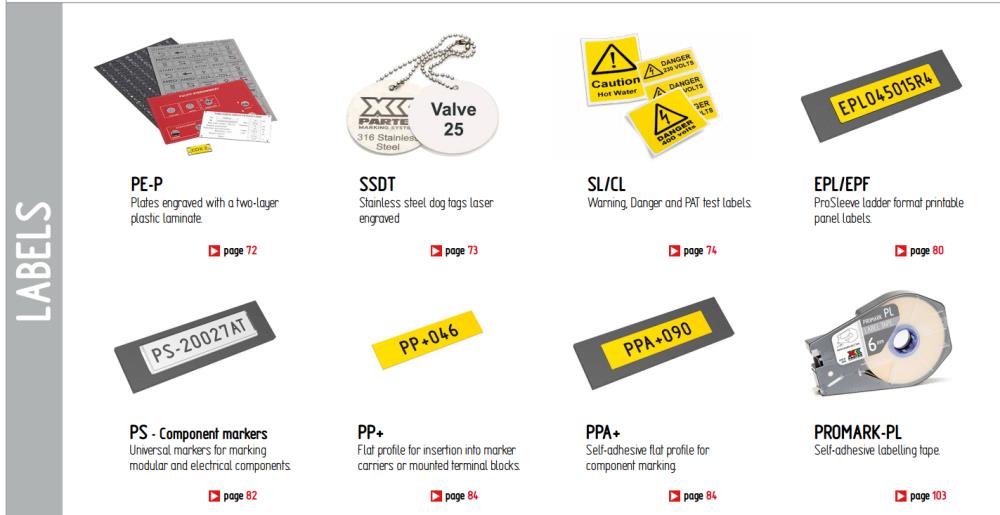 Partex Label,PE-P, SSDT, PS-Components markers, SL/CL  warning Danger and PAT test labels, EPL/EPF, PP+, PPA+, PROMARK-PL,PARTEX MARKING SYSTEMS,Materials Handling/Labels and Tags